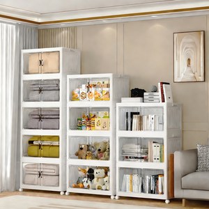 Kleeno 접이식 설치 면제 양문 수납장 3단 4단 5단 이동식 다용도 수납장 가정 베란다 거실용 수납장 간식 장난감 수납장 리빙박스 정리함 수납함