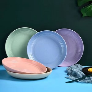 BLOWFISHFUGU 밀짚접시 플라스틱접시 원형 넘어짐 방지 식기 20/22.5CM 과일 접시 세트 5P/10P, 색상 랜덤, 20CM, 5개