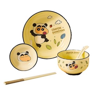 StarR 크레용 신짱 한식기 5종 세트, 블랙(팬더), 공기+접시+숟가락+..., 1세트