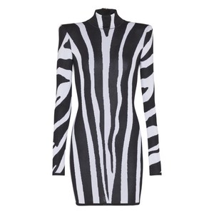 발망 지브라 인타르시아 하이 넥 미니 드레스