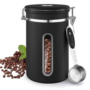 SMABAT 원두 캐니스터 1.8L 대용량 밀폐용기 304스텐 진공 캐니스터 계량스푼 포함, 블랙, 1개