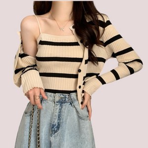 [세인트이브] J3232 사계절 단가라 여성 니트 가디건 세트