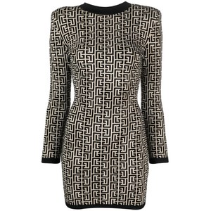 발망 모노그램 프린트 울 혼방 드레스