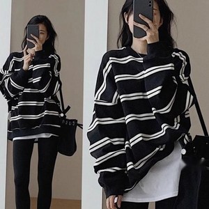 SAHINER 여성 봄 스트라이프 루즈핏 맨투맨 심플 AWY19
