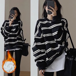 SAHINER 여성 봄 스트라이프 루즈핏 맨투맨 심플 AWY19