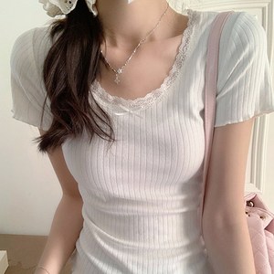 주디앤 여성 빈티지 레이스 발레리나 슬림 골지 반팔 티셔츠