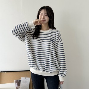 데일리앤 더스트 여성 루즈핏 자수 레터링 긴팔 맨투맨 기본 면 스트라이프 티셔츠 봄