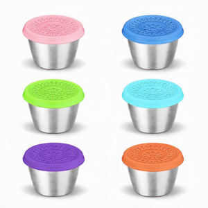 [엘리펀트]304 스테인리스 소스컵 실버 6P - 동그라미 무늬 실리콘 밀폐뚜껑 소스 양념 반찬 소분용 휴대용 도시락 소스통