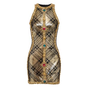 발망 플레이드 주얼 장식 민소매 드레스, 골드계열+블랙계열, France 34(KR 55)