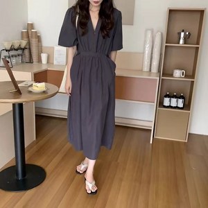 여성용 V넥 날씬해보이는 포켓 롱원피스 하객 출근룩 몸매보정 루즈핏 브이 몸매 보정 출근룩 여름휴가 초특가 모임룩 봄 여름 면접 데이트