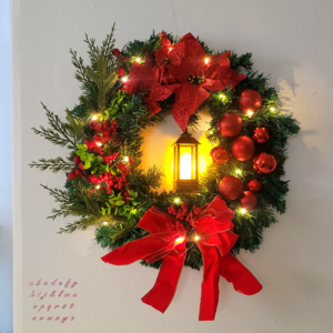 루미에르 크리스마스 리스 40cm 장식 소품 현관 + 무드등 + 2m 줄전구 세트, 40cm, 레드, 1개