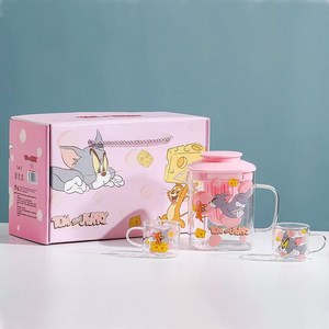 Keyiyijia 톰과 제리 유리 다기 세트, 핑크, 티포트+찻잔2개입, 1세트