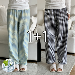 하바우 남여공용 시어서커 와이드 체크 잠옷바지 2종 세트