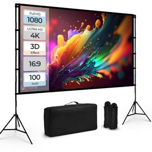 VEIDADZ 빔프로젝터 스크린 삼각대 세트 고밀도 폴리에스터 백색 주름방지 가정용/실외용 접이식 이동형 + 듀얼 삼각대+휴대용 가방 포함