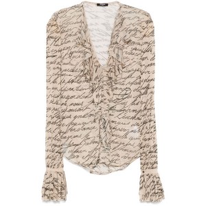 발망 러브 레터 프린트 러플 블라우스, 베이지계열+블루계열, France 38(KR 66)