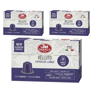 사켈라 네스프레소 호환 가능 벨루토 에스프레소 룽고 미디엄 로스트 캡슐 커피, 5g, 30개입, 3개