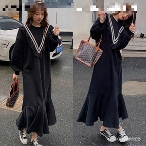 [150kg까지 날씬해보이는] 원피스 여성 가을 겨울 편한 프릴 스트라이프 기모 루즈핏 이너 간절기 맨투맨 빅사이즈 오버사이즈 캐주얼 패션 데일리 롱 랩 인어 스커트, [기본]블랙