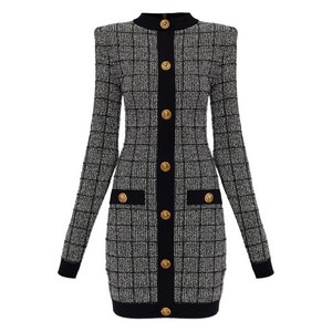 발망 체크 패턴 긴소매 드레스, 그레이계열+블랙계열, France 42(KR 77)