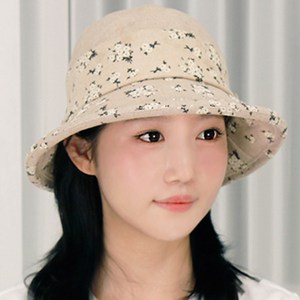 베이직엠 중년 여성 여름모자 벙거지 린넨 꽃패턴 둥근챙 사이드 진주꽃