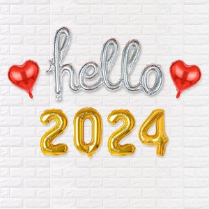 파티짱 hello 2024 하트 풍선 세트 소문자 신년회 연말파티 해피뉴이어, 실버골드레드