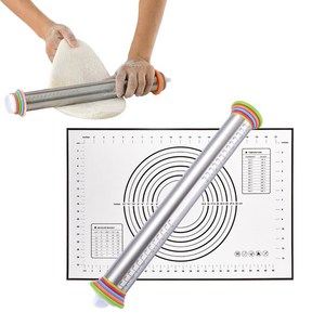 롤링 밀대+실리콘 작업대 이홈베이킹 눈금있는 조절 가능한 스텐 밀대 1세트, M, 1세트