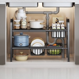 Tiger Pavilion 폭조절 싱크대 하부장 정리선반 2단 3보드 바구니 3개 포함, 블랙, 88x25x48.5..., 1개