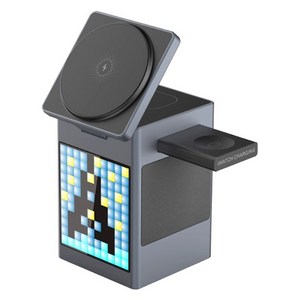 LEPOID 6인1 마그네틱 접이식 무선 충전기 만화 픽셀 스크린 스피커 포함