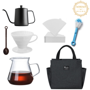 AOHAO 캠핑 핸드드립 7종 커피 세트 홈카페 V60, 600ml, 드립포트+드리퍼+계..., 1세트