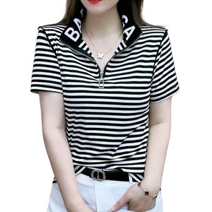 ROYALBELLE 여성 스트라이프 반팔 티셔츠 하프집업 카라넥 데일리 패션 면티 캐주얼룩 V50719