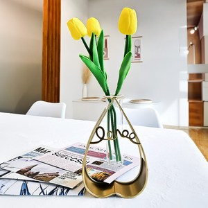 봄맞이 조화꽃다발 골드 화병세트 화이트핑크 옐로우, 튤립골드하트화병, 1개