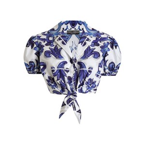 돌체앤가바나 마졸리카 프린트 퍼프 소매 탑, 블루계열+화이트계열, Italy 42(KR 55)