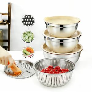 SMABAT 스텐 실리콘 믹싱볼 3종+채반+채칼 세트 베이킹 믹싱볼 야채/과일 세척볼 멀티 강판 실리콘 뚜껑 포함