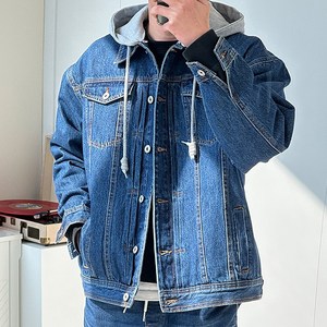핏콕 남성용 트러커 후드 탈부착 오버핏 데님 청자켓