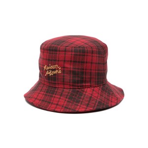 메종키츠네 로고 자수 체크 버킷 햇