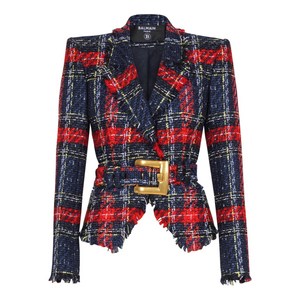 발망 벨트 플레이드 트위드 재킷, 블루계열+레드계열, France 40(KR 66)