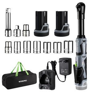 WORKPRO 12V 충전식 3/8인치 전동 라쳇렌치 세트 배터리2개 LED 조명 롱 헤드 렌치 자동차 정비 공구 전동 라쳇 렌치 앵글 드릴 드라이버
