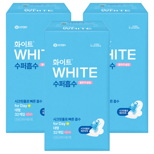 화이트 수퍼흡수 울트라슬림 생리대 날개형, 대형, 32개입, 3개