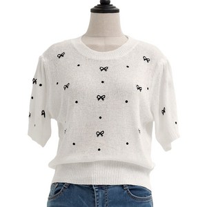 유니드 여성 비스코스 반팔 리본자수니트