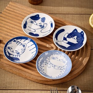 Qiaokao 크리에이티브 고양이 일본식 찬기 4개입, 블루, 1개