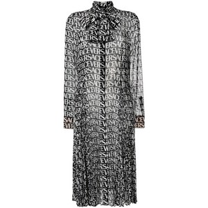 베르사체 로고 프린트 실크 셔츠 드레스, 블랙계열+화이트계열, Italy 40(KR 55)