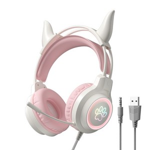 귀여운 고양이 귀 유선 게이밍 헤드셋 마이크 볼륨 조절 헤드폰
