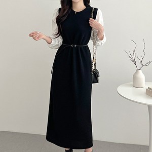 데일로엔 여성 벨트 포인트 퍼프 소매 롱 원피스