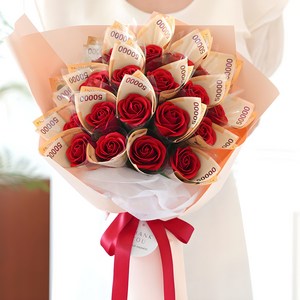 뷰티풀데코센스 조화 비누꽃 돈 꽃다발 20송이 + 쇼핑백 세트, 레드, 1개