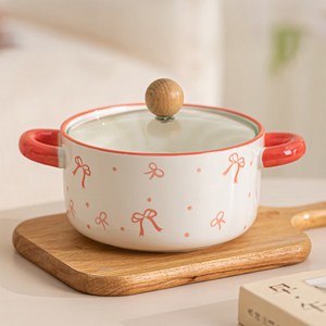 Tiger Pavilion 프렌치 리본 세라믹 양수 냄비, 화이트 + 핑크, 20.5cm, 1개