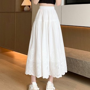 [ELOCHE] 여성 여름 자수 펀칭 플레어 캉캉 롱스커트 코튼 밴딩 치마 하객룩 데일리 FREE사이즈