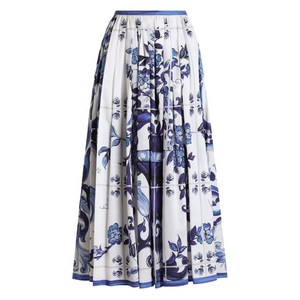 돌체앤가바나 마졸리카 프린트 코튼 새틴 롱 스커트, 블루계열+화이트계열, Italy 48(KR 77)