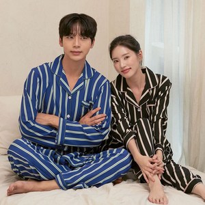 글램공감 파블로 카라형 스트라이프 커플 긴팔 잠옷 상하의 세트