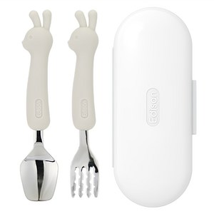 에디슨 유아 실리콘 스푼 포크 케이스 세트, 토끼크림, 스푼 + 포크 + ..., 1세트