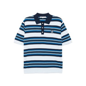 메종키츠네 볼드 폭스 헤드 패치 파인 거즈 스트라이프 폴로 셔츠, 블루계열, Standard XL(KR 110)