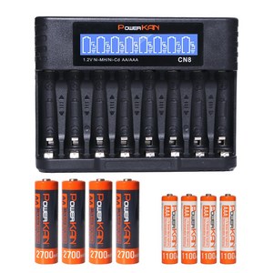 POWERKAN CN8 8구 충전기+고용량충전지 세트 AAA 1100mAh*4알 AA 2700mAh*4알 니켈수소 충전지